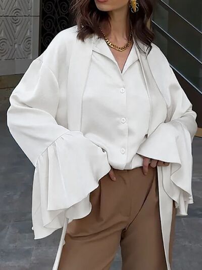 Button Down Flounce Sleeve Shirt - Velora Luxury Fashion