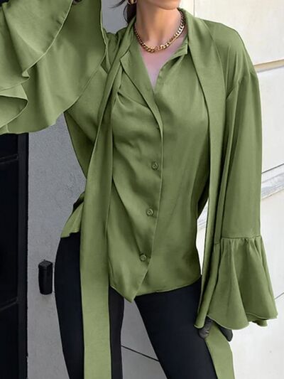 Button Down Flounce Sleeve Shirt - Velora Luxury Fashion