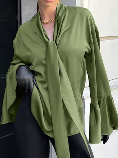 Button Down Flounce Sleeve Shirt - Velora Luxury Fashion