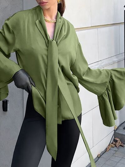 Button Down Flounce Sleeve Shirt - Velora Luxury Fashion