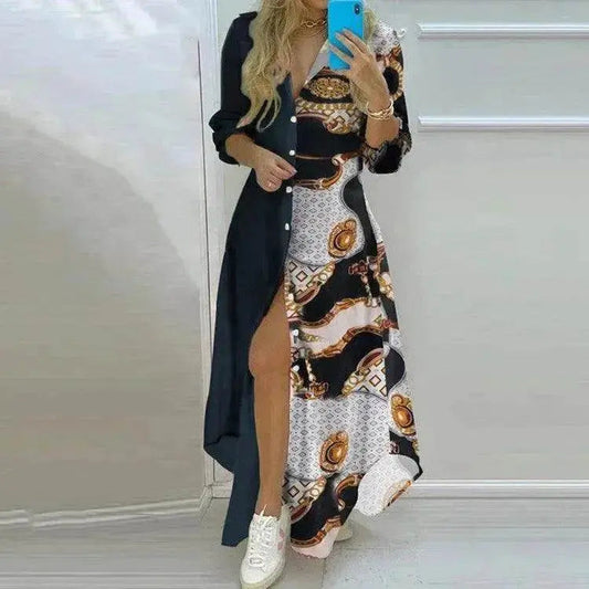 Button Fashion Print Long Sleeve Shirt Charming Dress Women