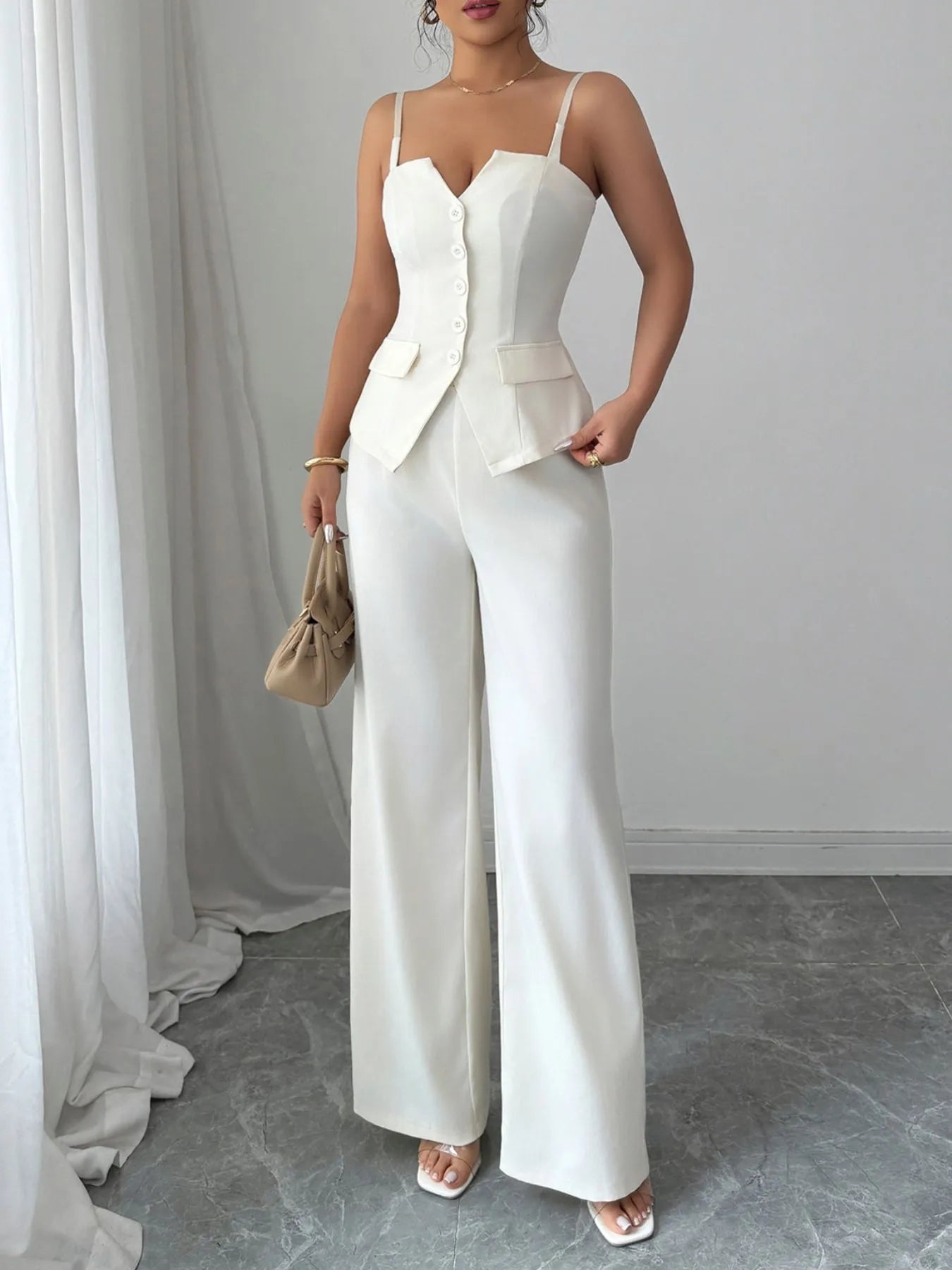 Button Front Cami and Pants Set - Velora Luxury Fashion
