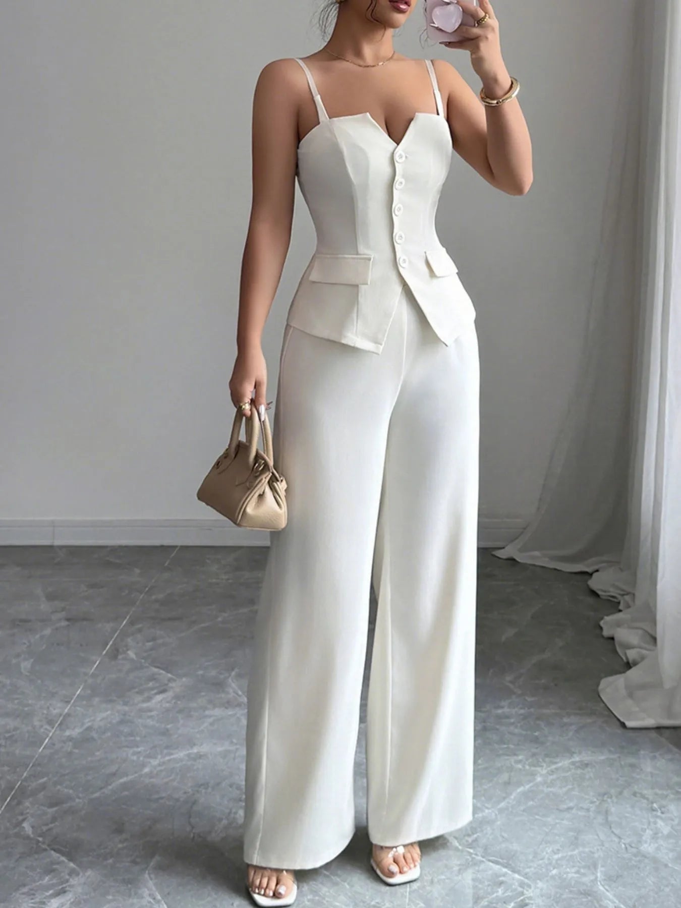 Button Front Cami and Pants Set - Velora Luxury Fashion