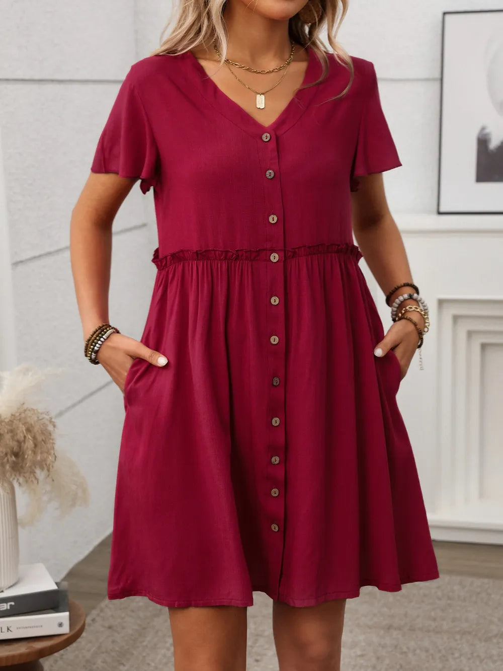 Button Front Flutter Sleeve Dress - Velora Luxury Fashion