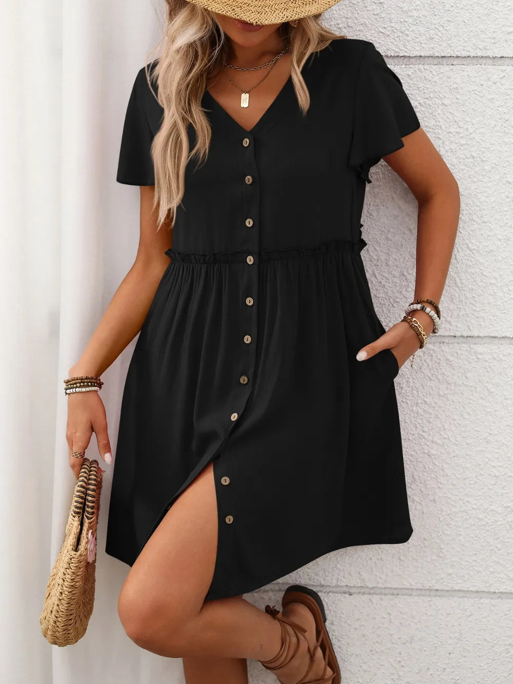 Button Front Flutter Sleeve Dress - Velora Luxury Fashion