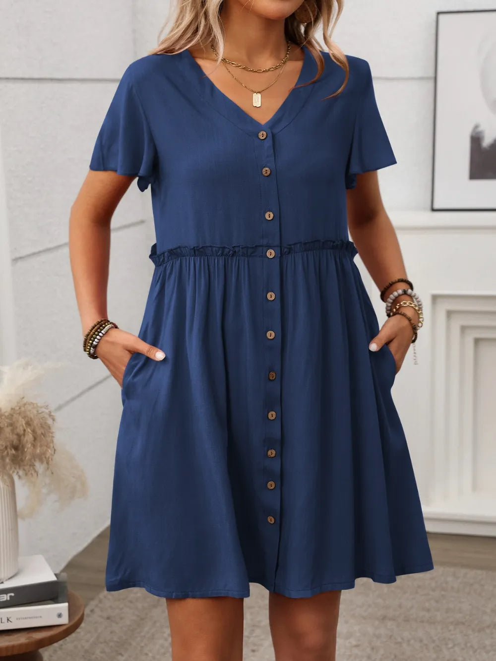 Button Front Flutter Sleeve Dress - Velora Luxury Fashion