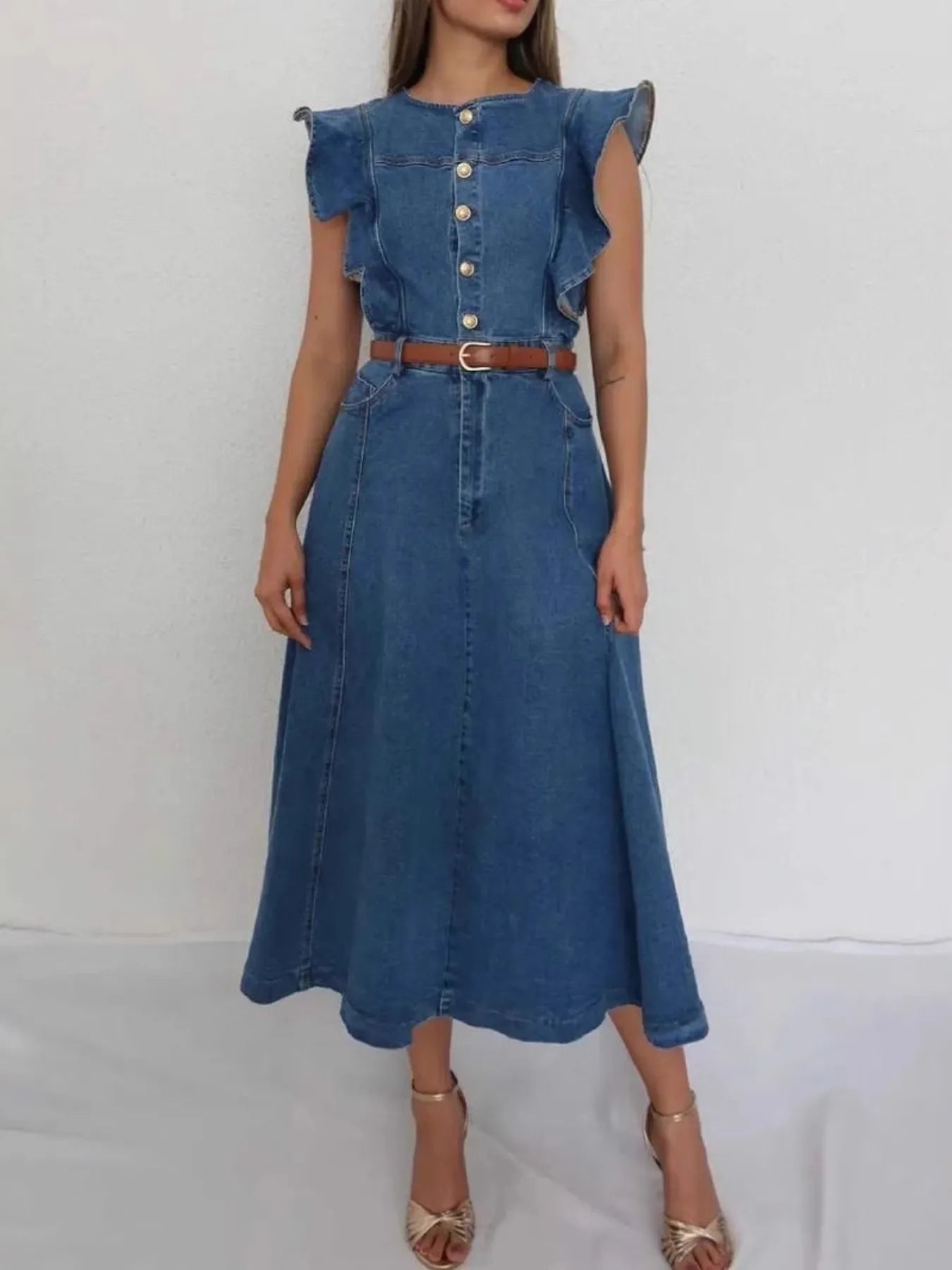 Button-Front Ruffle Sleeve Denim Midi Dress - Velora Luxury Fashion