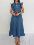 Button-Front Ruffle Sleeve Denim Midi Dress - Velora Luxury Fashion