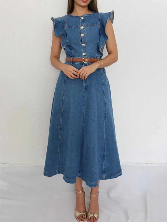 Button-Front Ruffle Sleeve Denim Midi Dress - Velora Luxury Fashion
