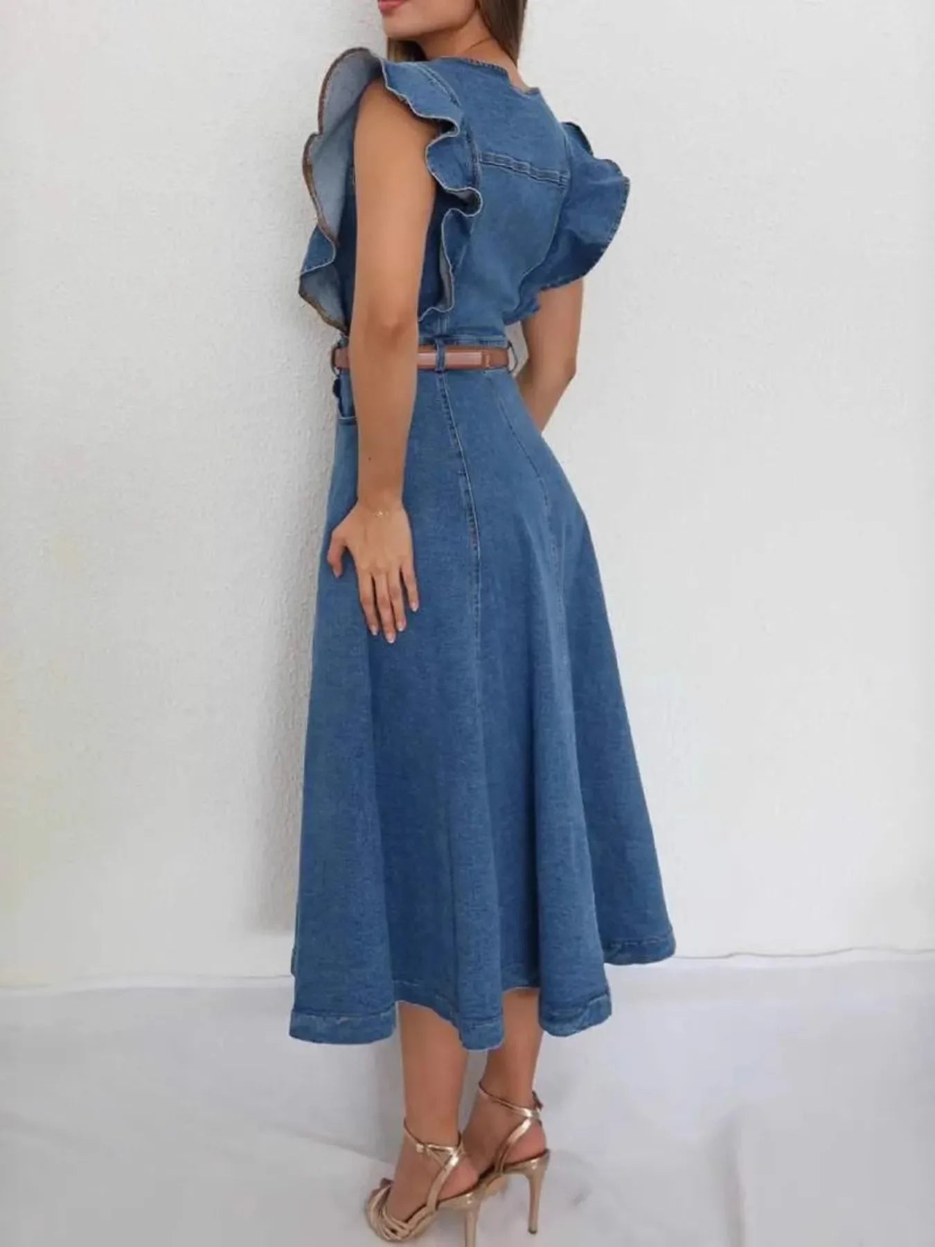 Button-Front Ruffle Sleeve Denim Midi Dress - Velora Luxury Fashion
