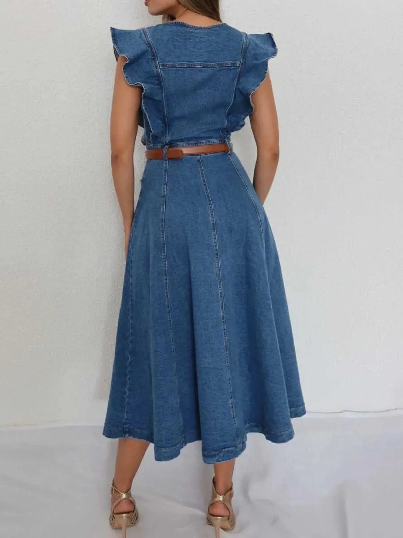 Button-Front Ruffle Sleeve Denim Midi Dress - Velora Luxury Fashion