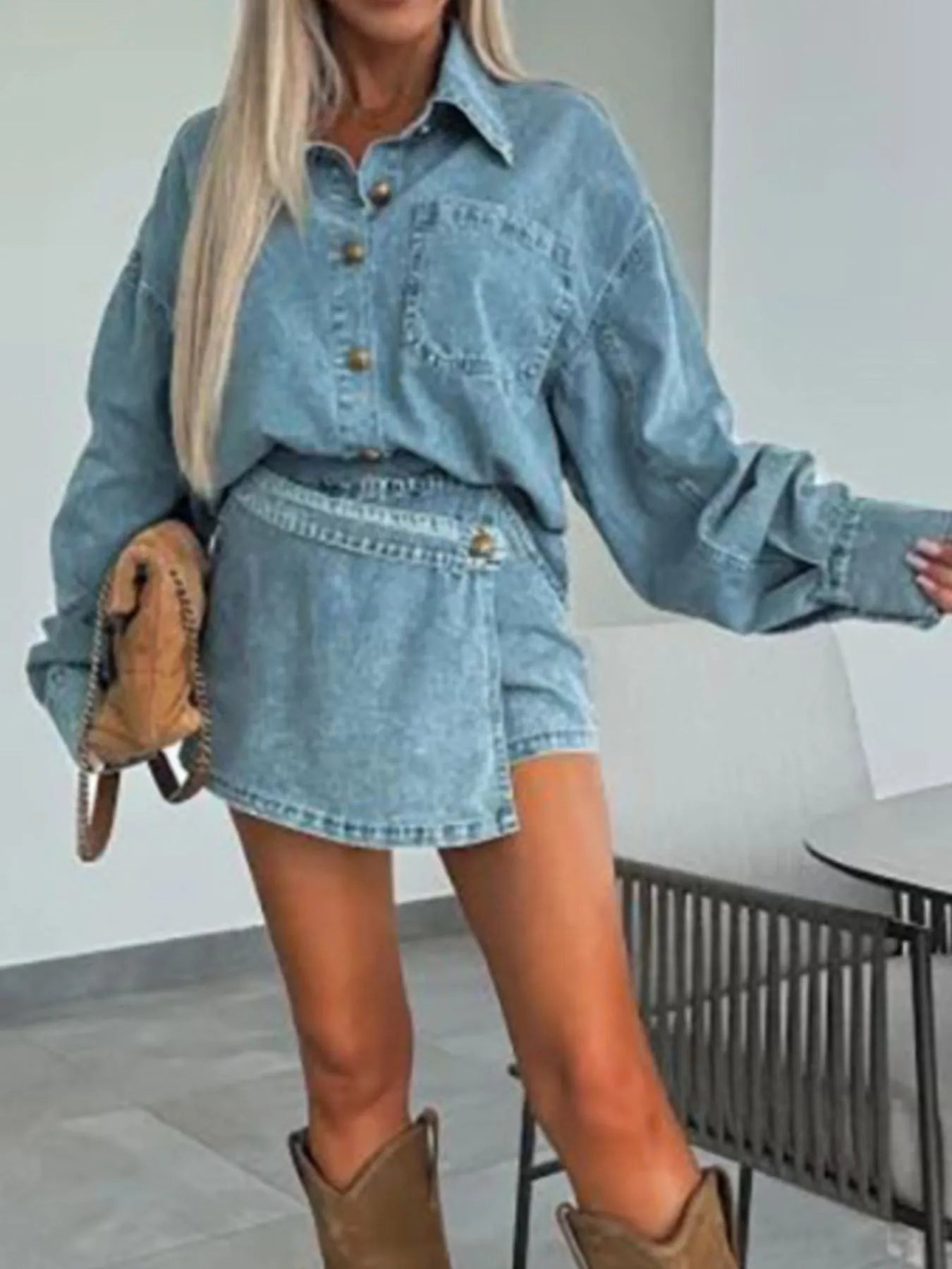 Button-Front Shirt and Mini Skirt Oversized Denim Set - Velora Luxury Fashion