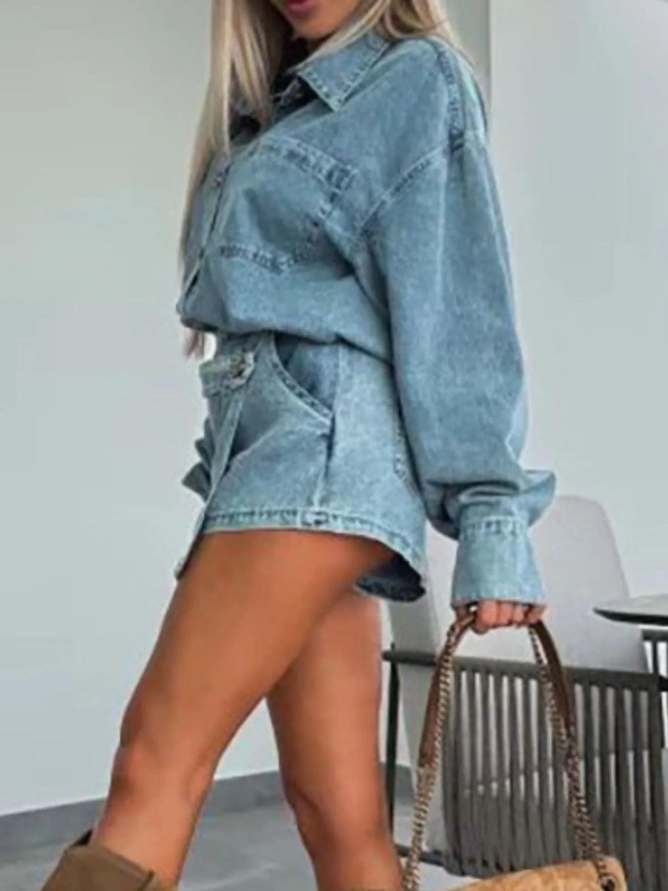 Button-Front Shirt and Mini Skirt Oversized Denim Set - Velora Luxury Fashion