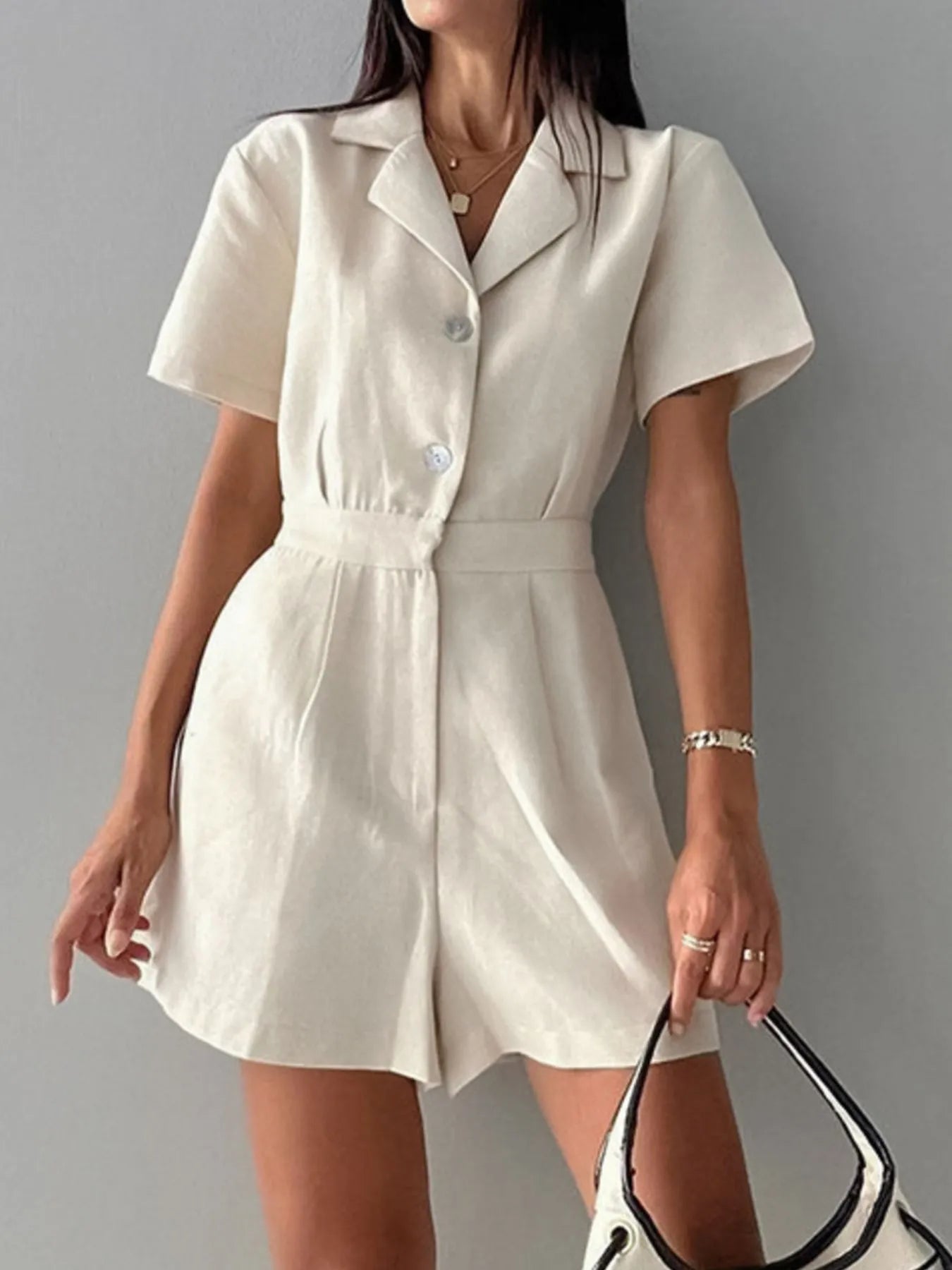 Button-Front Short Sleeve Romper - Velora Luxury Fashion