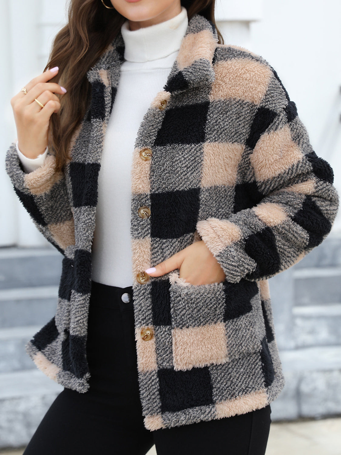 Button Up Drop Shoulder Fuzzy Jacket - Velora Luxury Fashion
