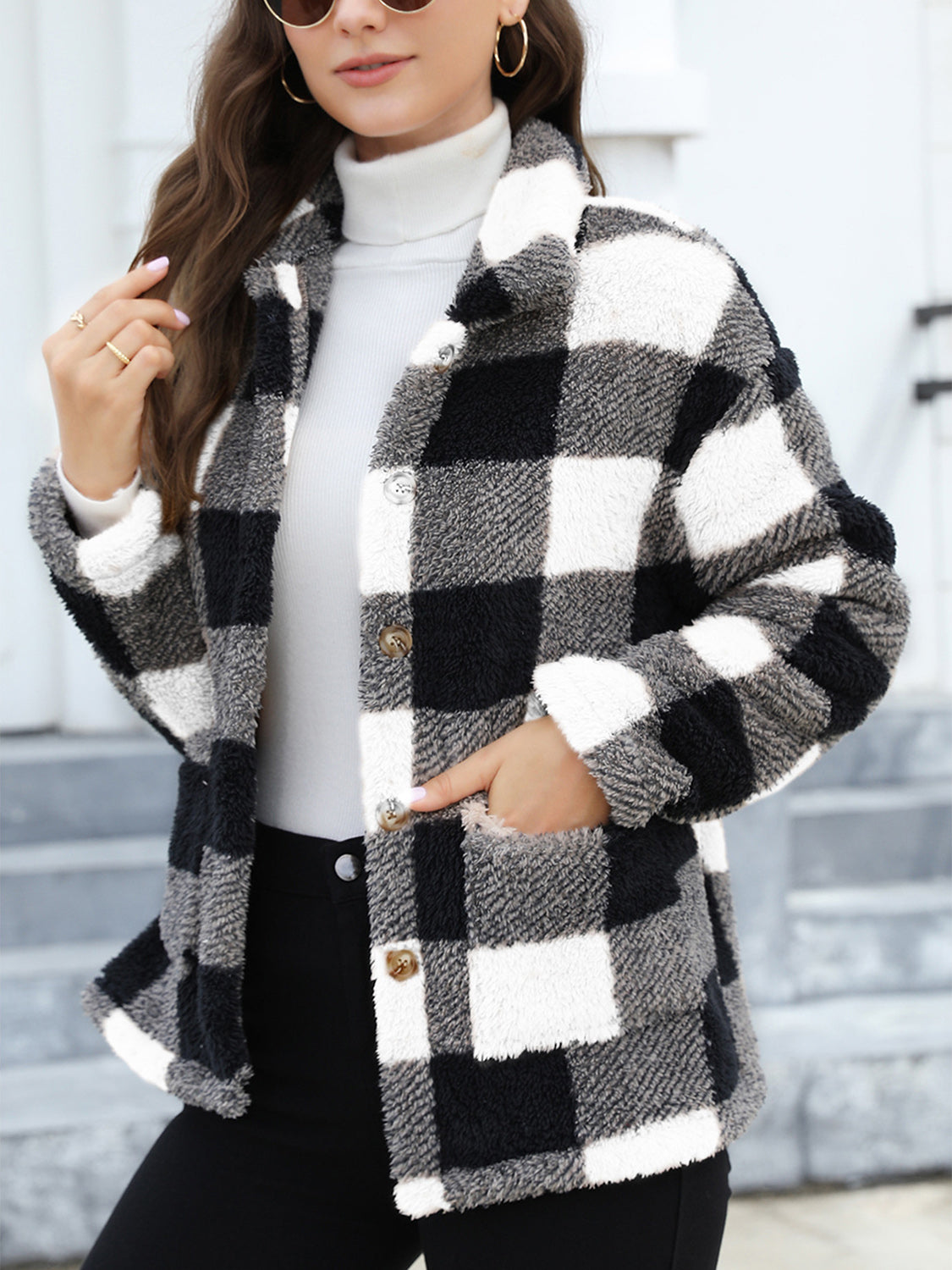 Button Up Drop Shoulder Fuzzy Jacket - Velora Luxury Fashion