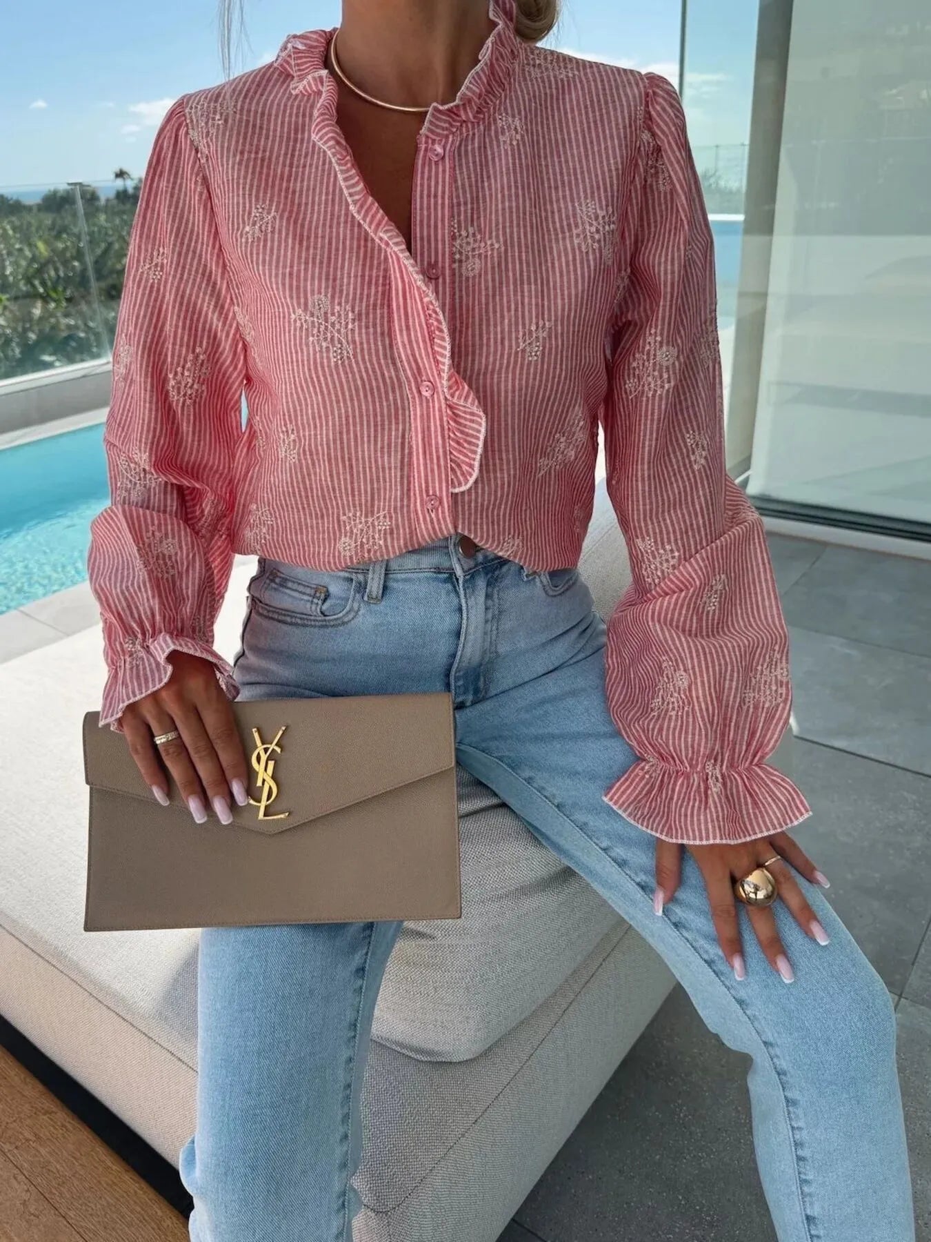 Button Up Flounce Sleeve Shirt - Velora Luxury Fashion