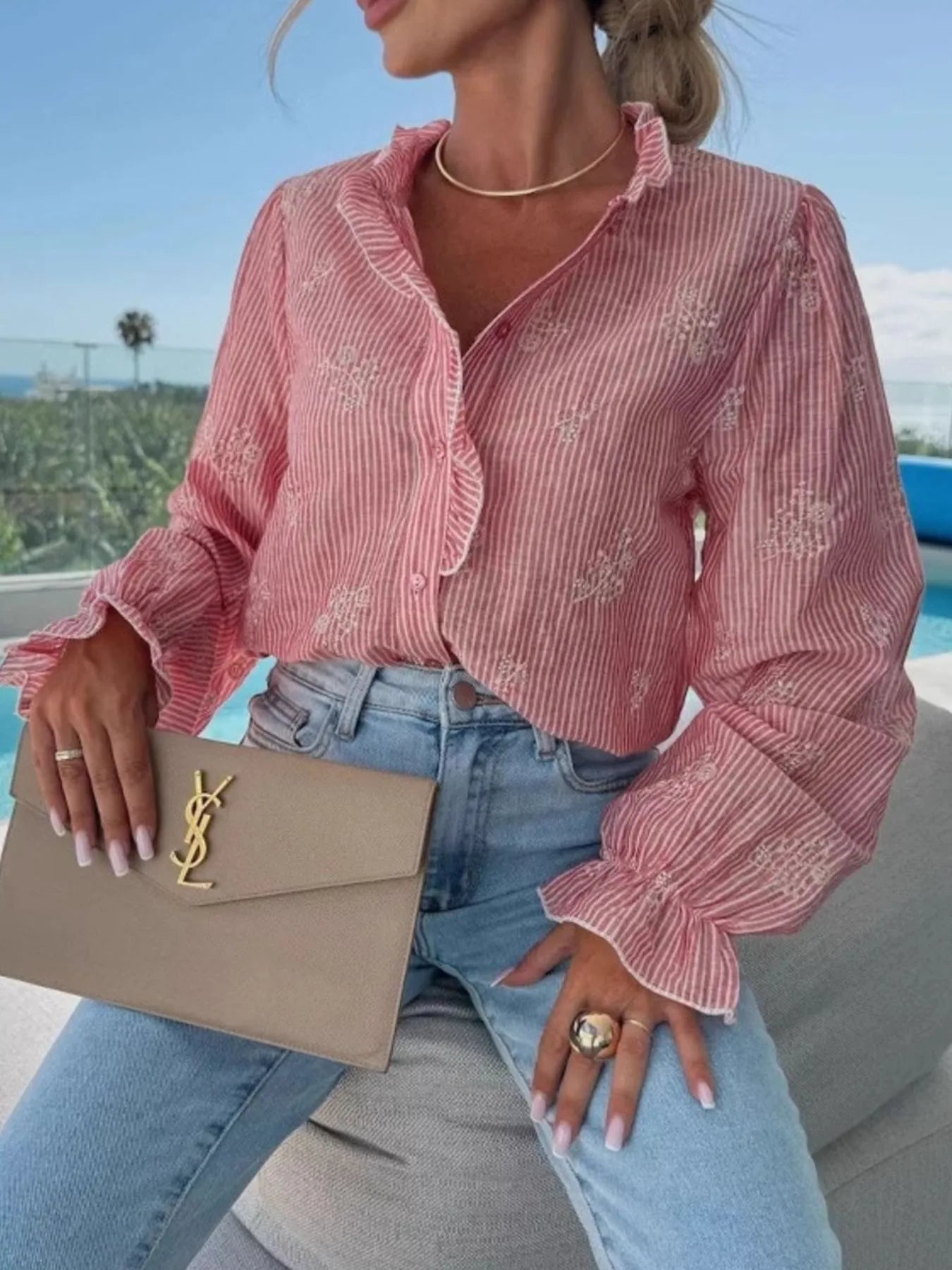 Button Up Flounce Sleeve Shirt - Velora Luxury Fashion