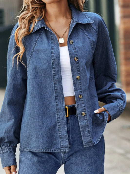 Button Up Long Sleeve Denim Shirt - Velora Luxury Fashion