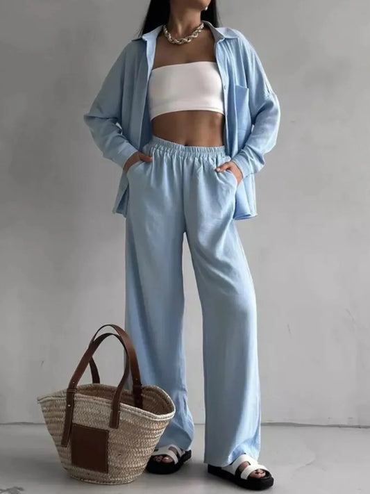 Button Up Long Sleeve Shirt and Pants Set - Velora Luxury Fashion