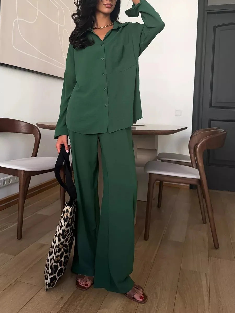 Button Up Long Sleeve Shirt and Pants Set - Velora Luxury Fashion