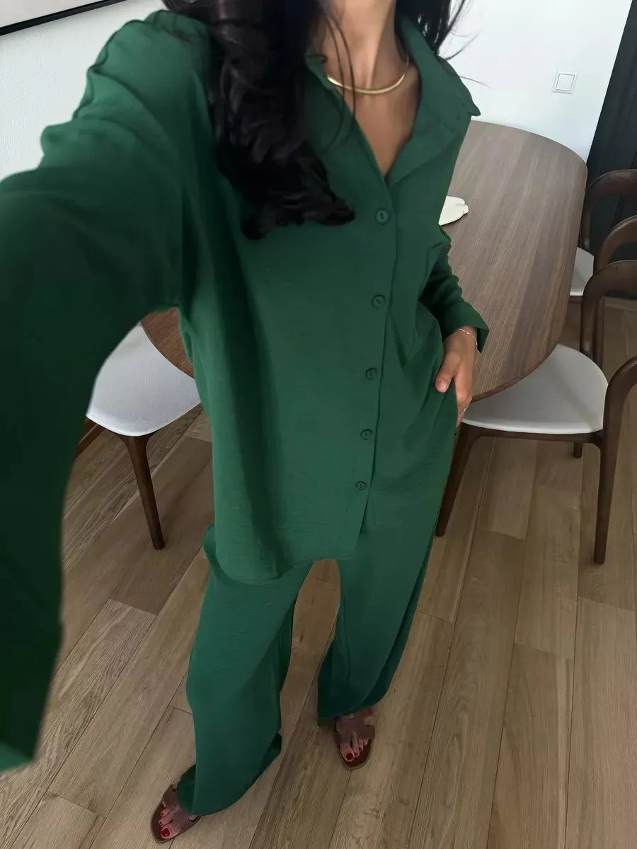 Button Up Long Sleeve Shirt and Pants Set - Velora Luxury Fashion