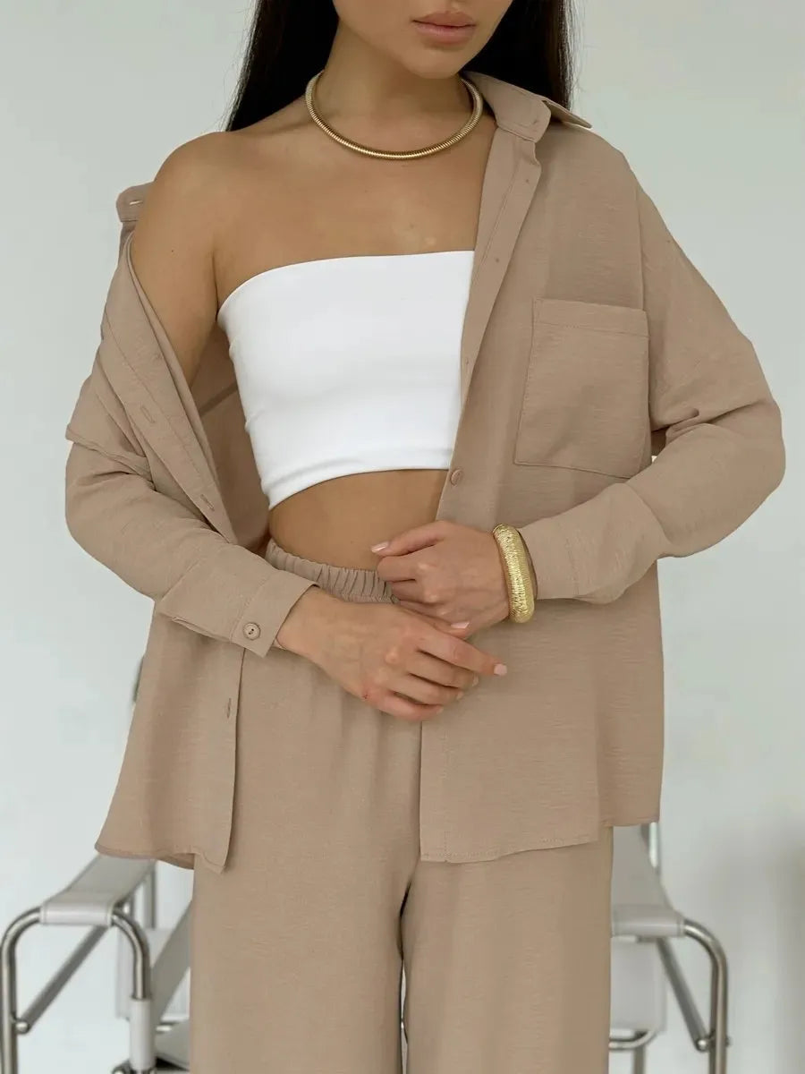 Button Up Long Sleeve Shirt and Pants Set - Velora Luxury Fashion