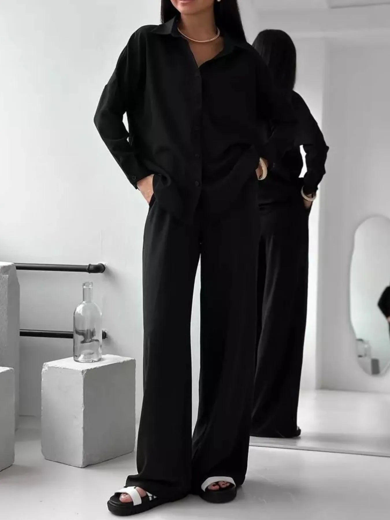 Button Up Long Sleeve Shirt and Pants Set - Velora Luxury Fashion