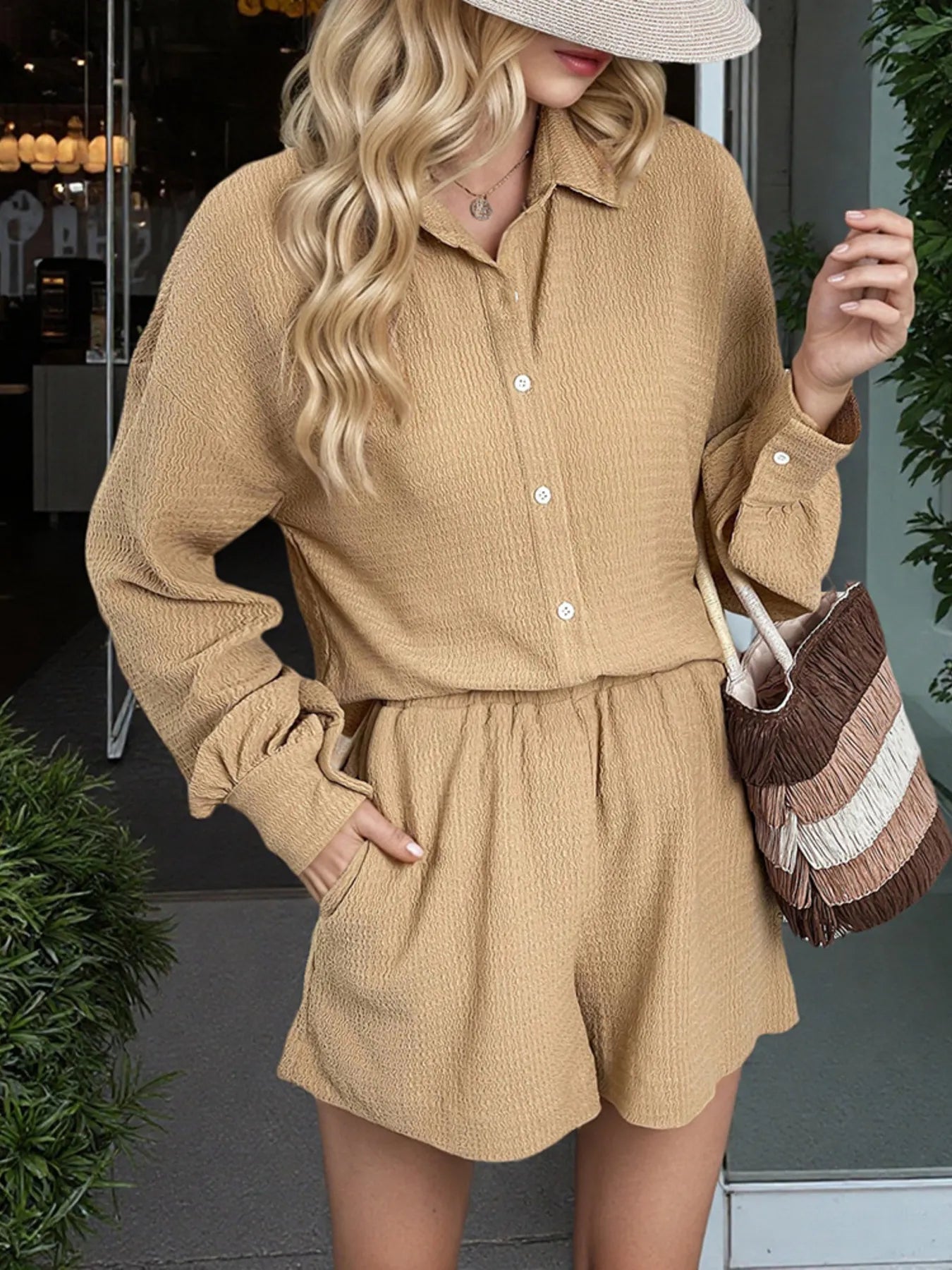 Button Up Long Sleeve Shirt and Shorts Set - Velora Luxury Fashion