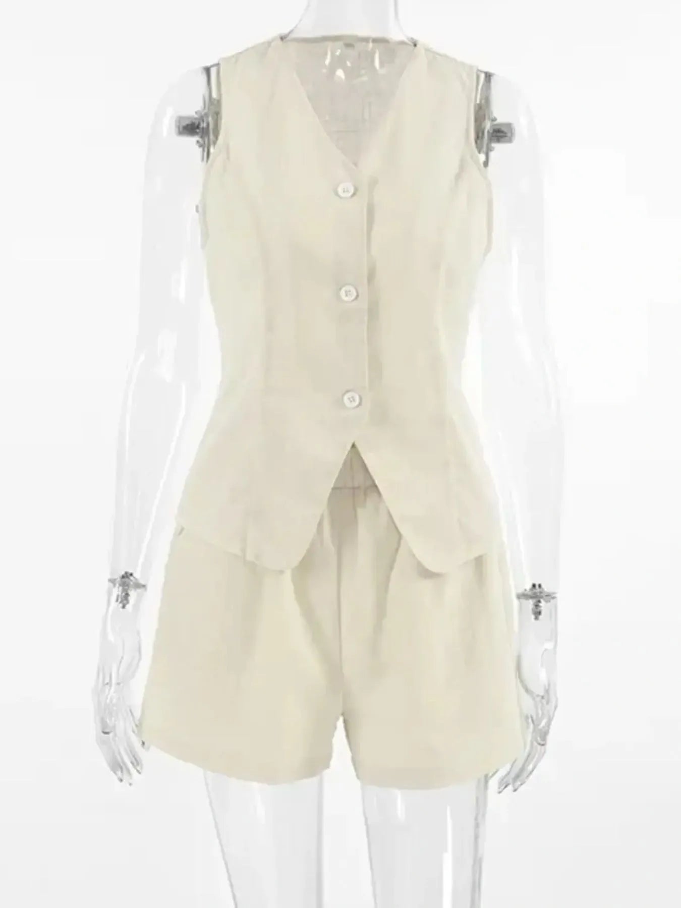 Button Up V-Neck Vest and Shorts Set - Velora Luxury Fashion