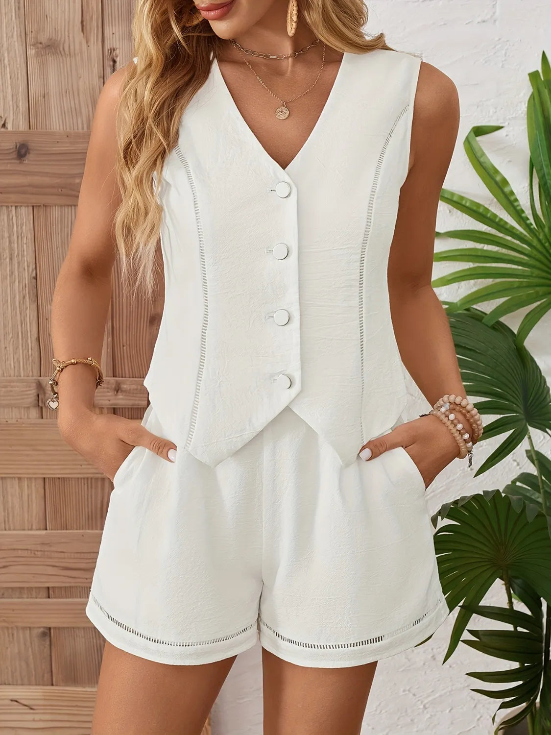 Button Up Vest and Shorts Set - Velora Luxury Fashion