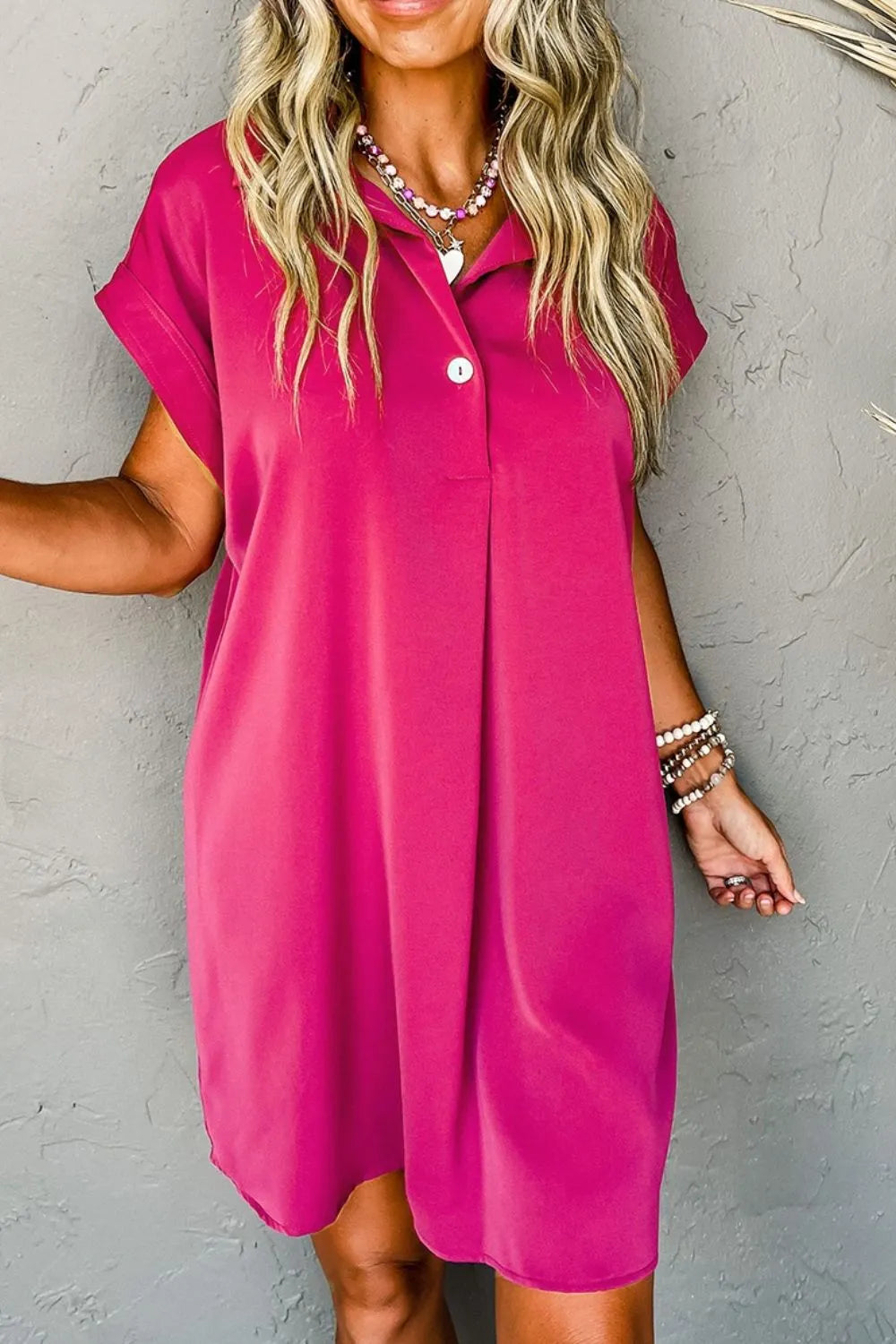 Buttoned Collared Neck Mini Shirt Dress - Velora Luxury Fashion