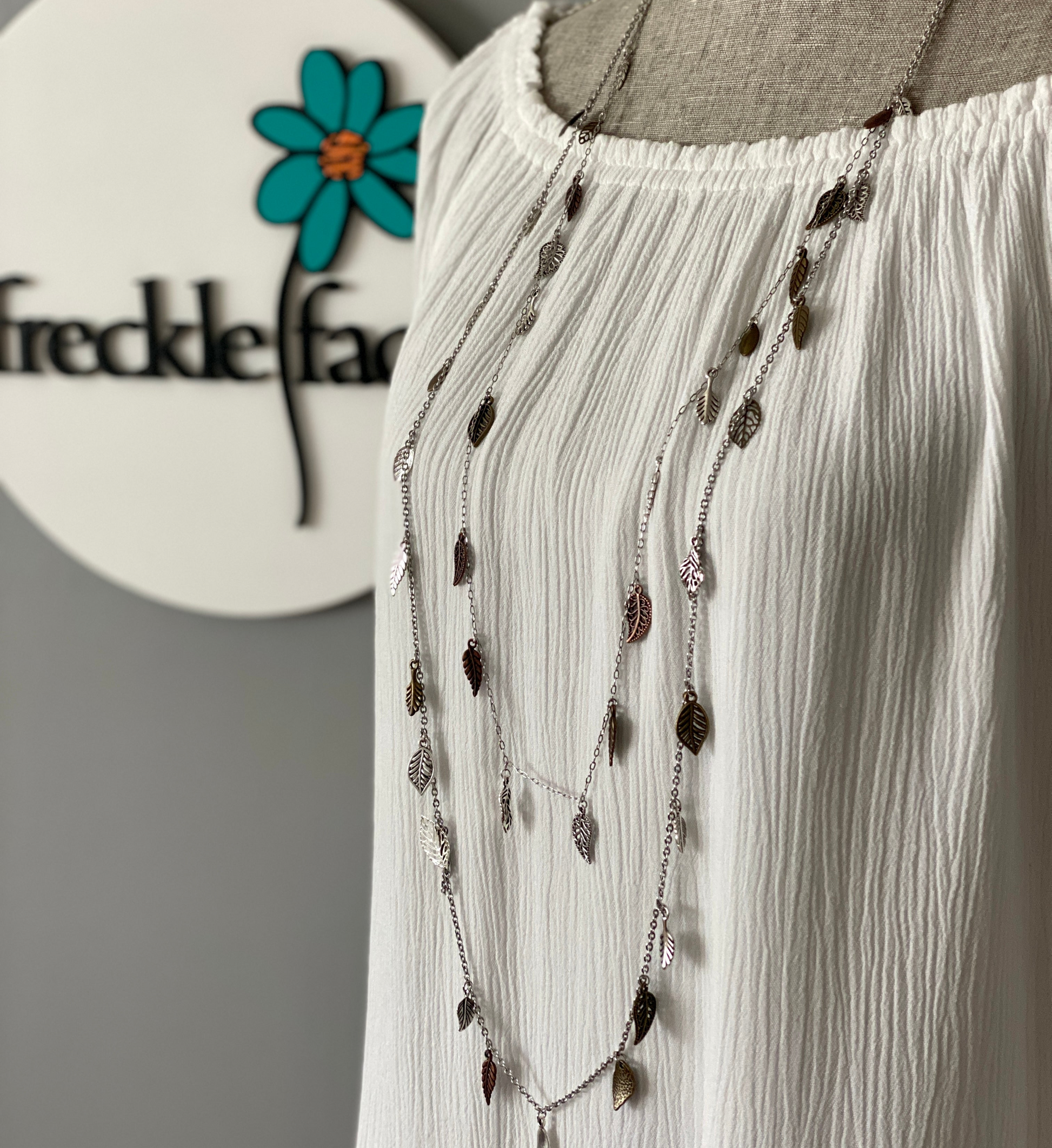 Waterfall Leaf Necklace – Long Layering Chain with Cascading Silver & Mixed Metal Leaves - Velora