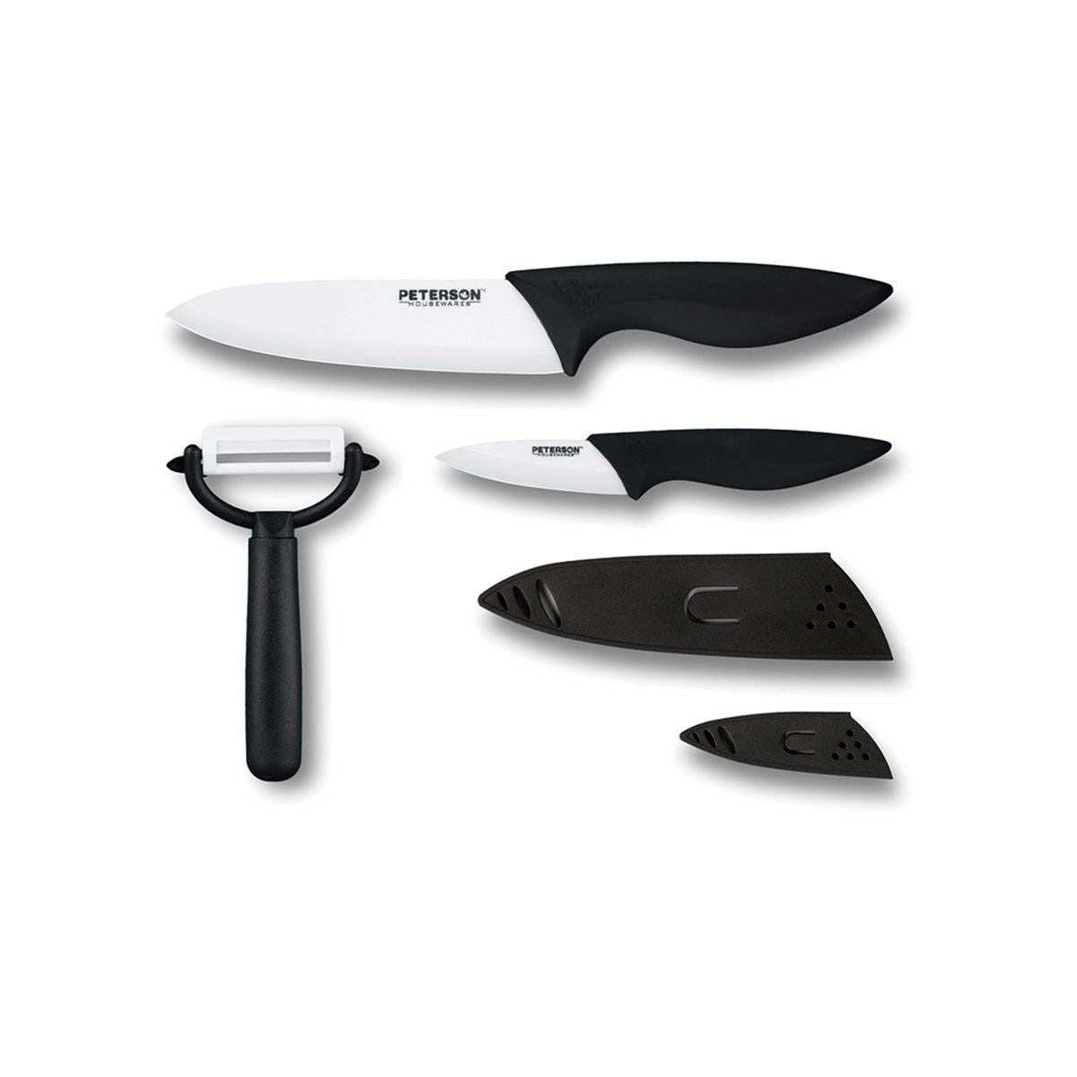 CERAMIC KNIFE SET, 5 PIECES (3", 6", Peeler + 2 Sheaths. ColorBox w/PVC Tray - Velora Luxury Fashion