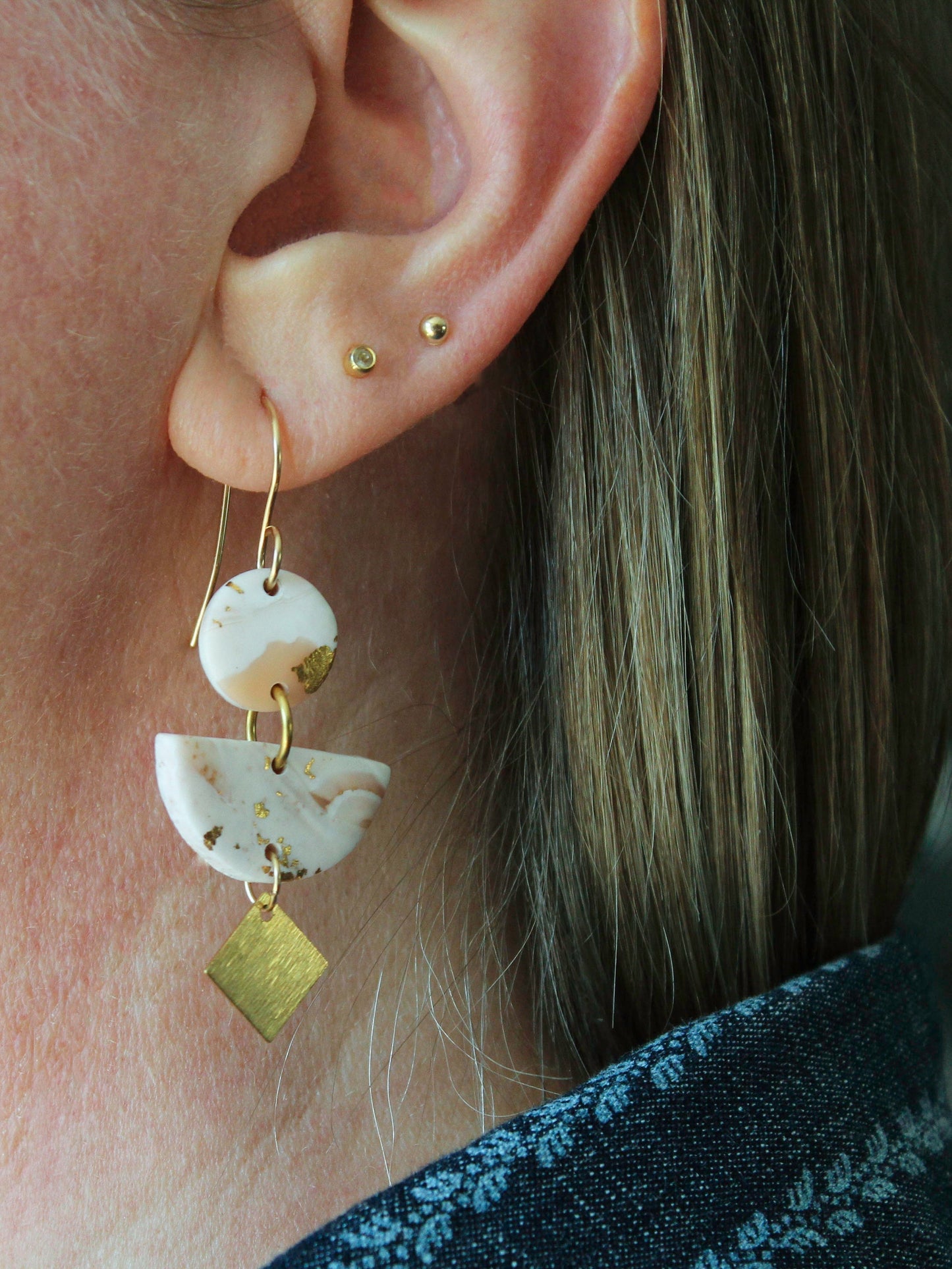COLIBRI Earrings. White, Gray, Black and Gold leaf Polymer Clay statement earrings with brass dangles - Velora Luxury Fashion