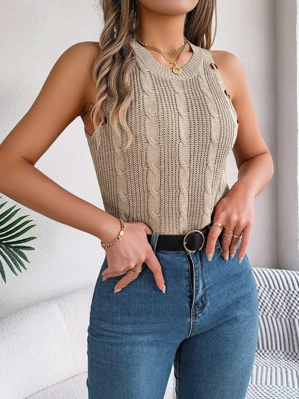 Cable-Knit Round Neck Vest - Velora Luxury Fashion
