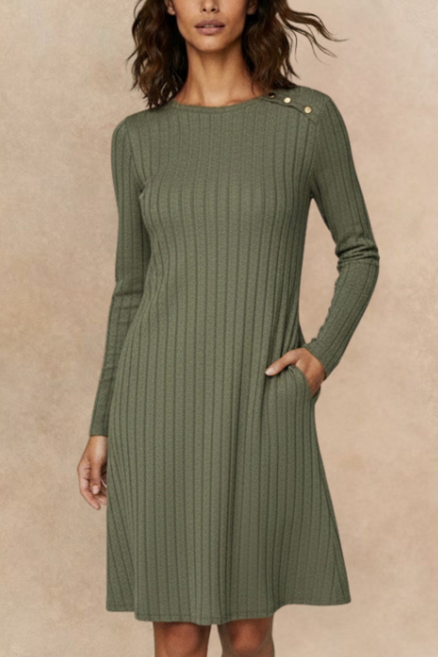 Camila Green Ribbed Knit A-Line Dress Decorative Shoulder Button Detail - Velora Luxury Fashion