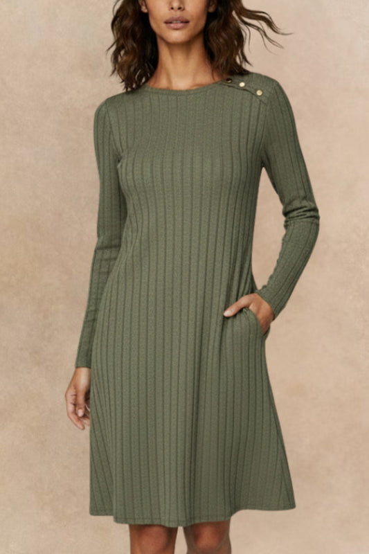 Camila Green Ribbed Knit A-Line Dress Decorative Shoulder Button Detail - Velora Luxury Fashion