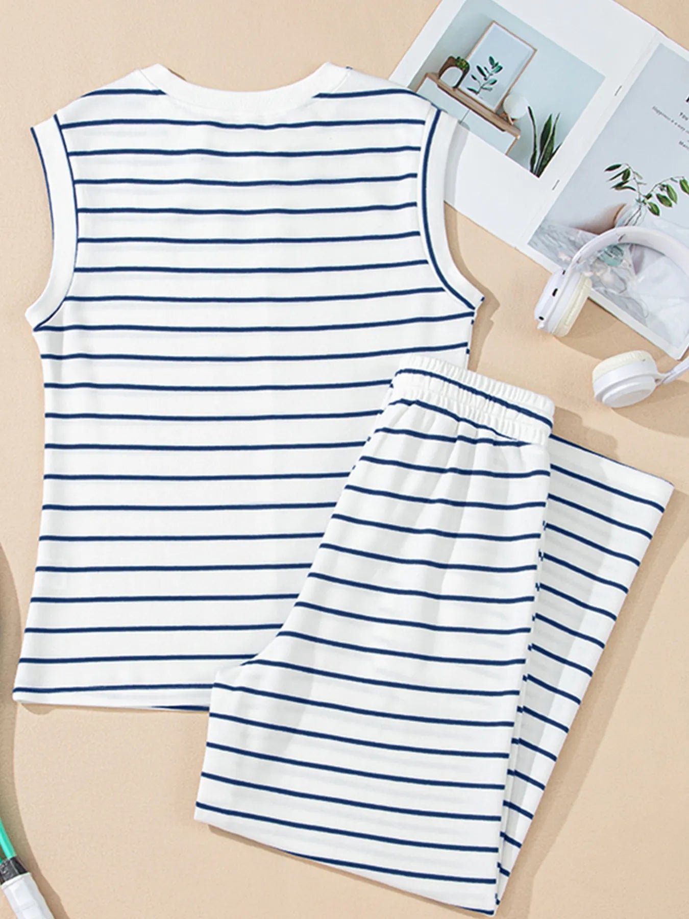 Casual Striped Tank and Wide Leg Pants 2pcs Set - Velora Luxury Fashion