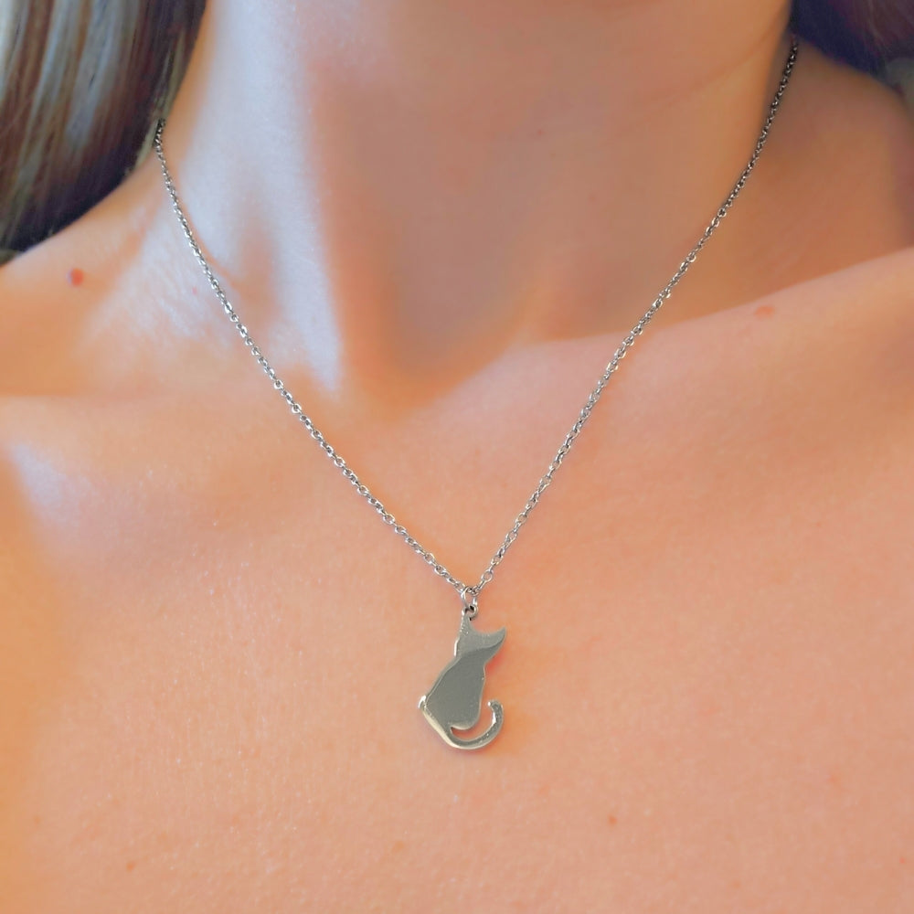Cat Silhouette Necklace (Silver) - Velora