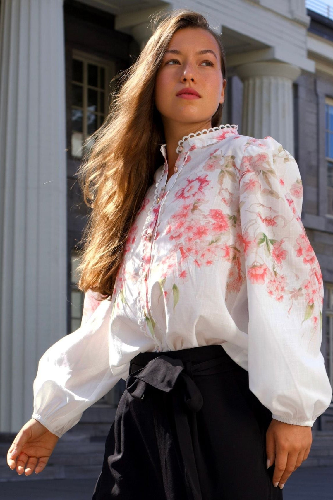 Celeste Women's Floral White Blouse Decorative Front Trim - Velora Luxury Fashion