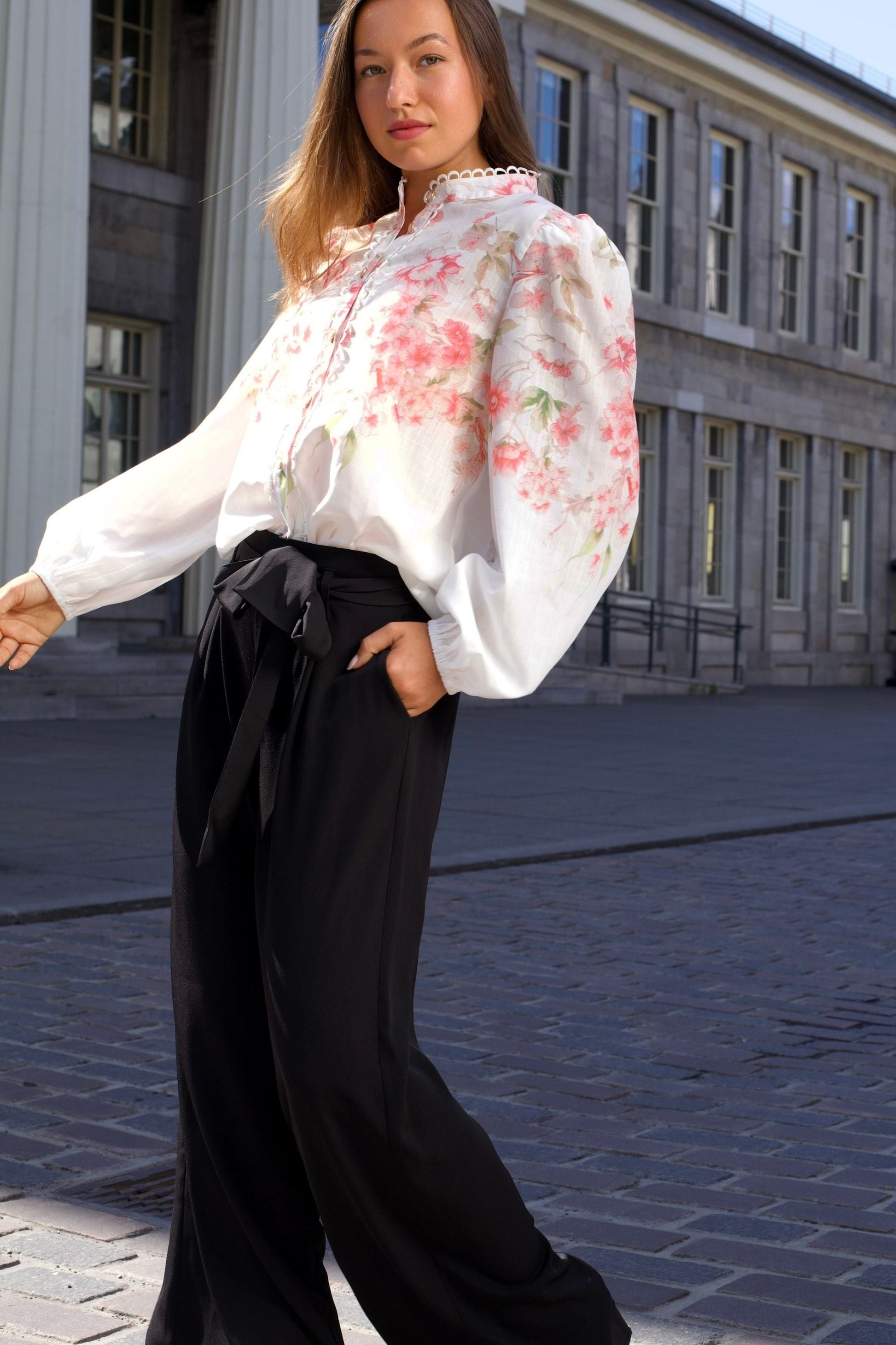 Celeste Women's Floral White Blouse Decorative Front Trim - Velora Luxury Fashion