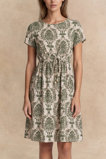 Celia Green Print Short Dress Tie Waist