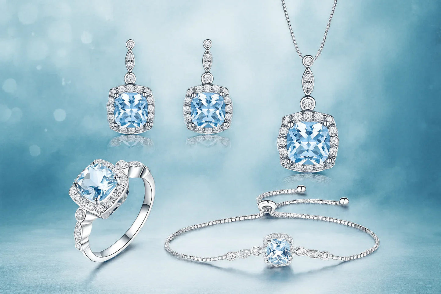 Blue Topaz Birthstone Set – 925 Sterling Silver Jewelry - 4 Piece Set