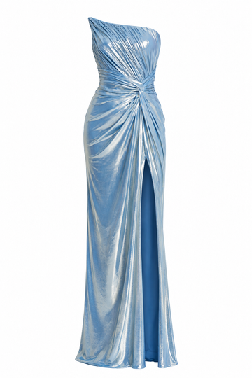 Metallic One-Shoulder Draped Gown with High Slit – Ice Blue