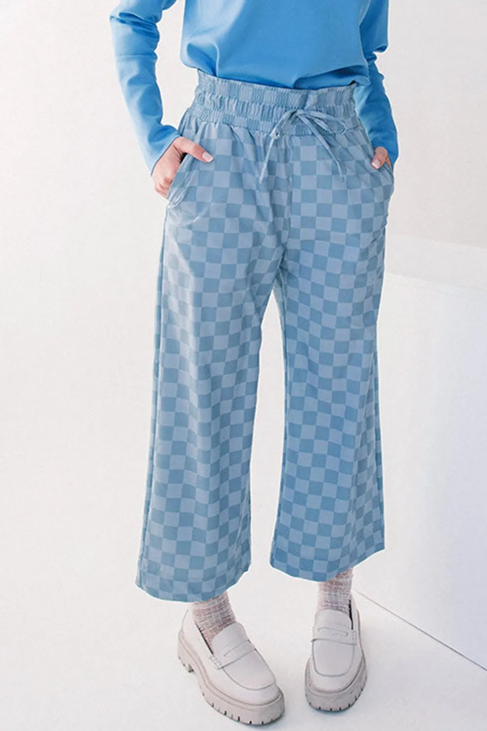 Checkered Elastic High Waist Loose Casual Pants - Velora Luxury Fashion