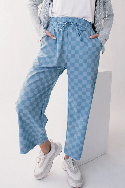 Checkered Elastic High Waist Loose Casual Pants - Velora Luxury Fashion