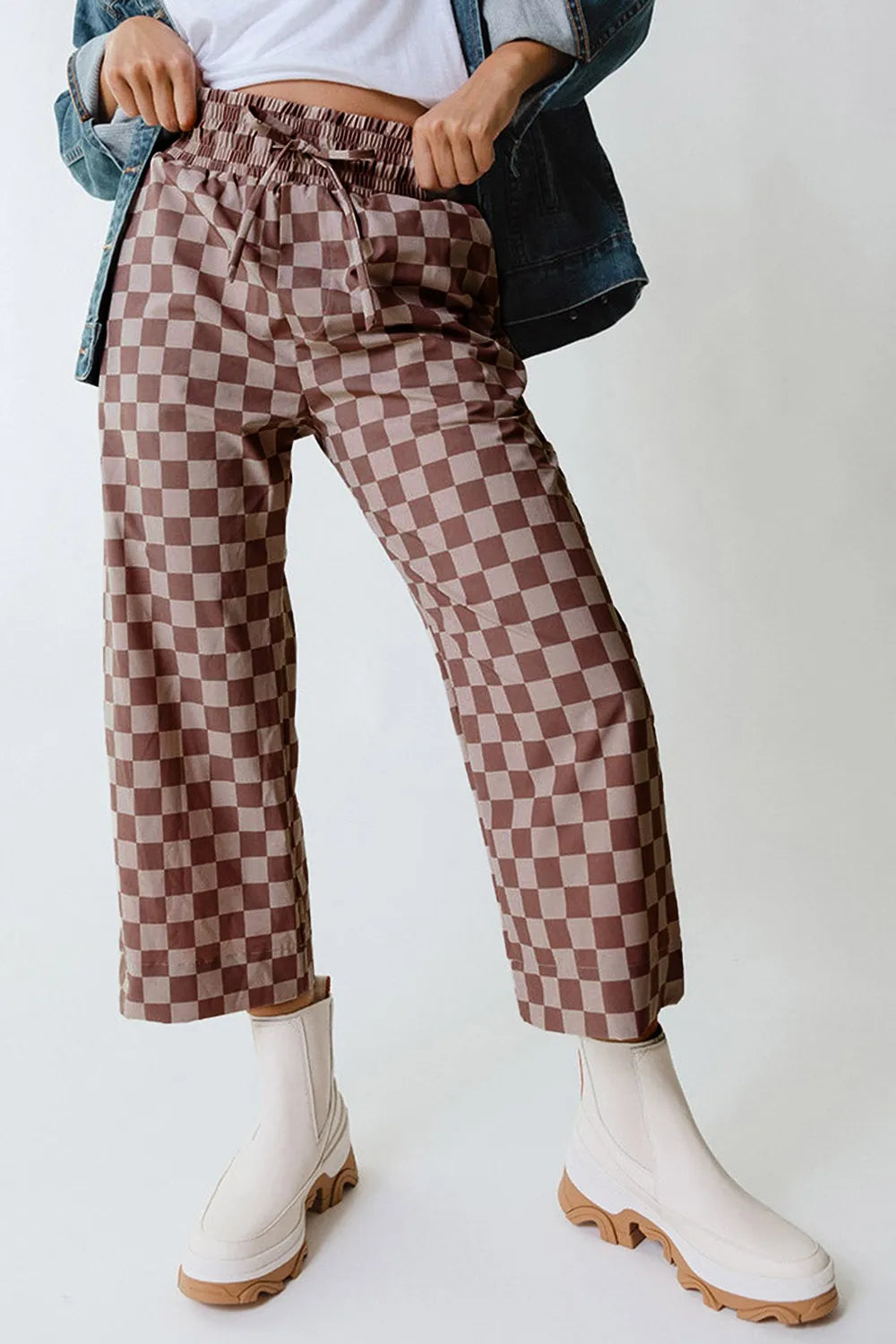 Checkered Elastic High Waist Loose Casual Pants - Velora Luxury Fashion