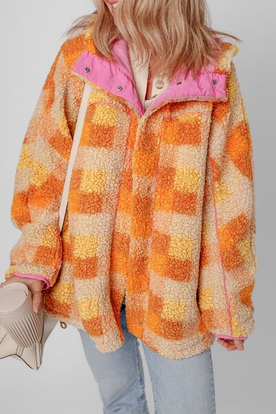 Checkered Long Sleeve Sherpa Hooded Jacket - Velora Luxury Fashion