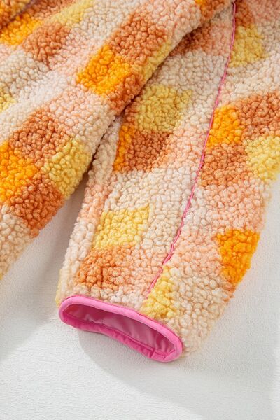 Checkered Long Sleeve Sherpa Hooded Jacket - Velora Luxury Fashion